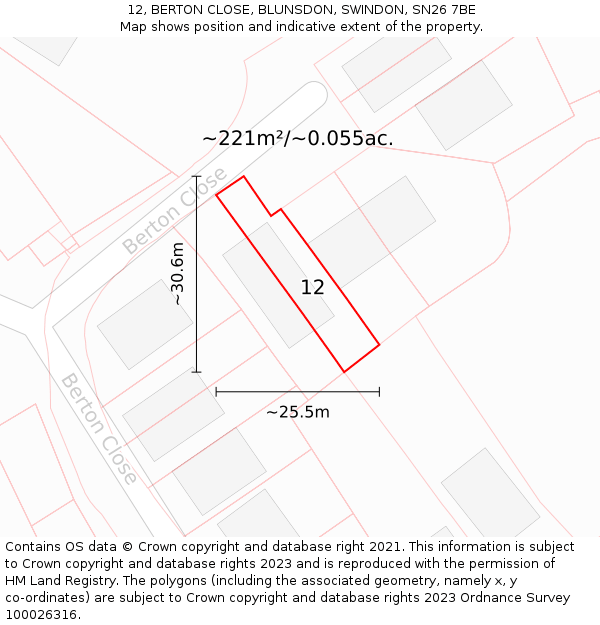 12, BERTON CLOSE, BLUNSDON, SWINDON, SN26 7BE: Plot and title map
