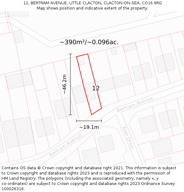 12, BERTRAM AVENUE, LITTLE CLACTON, CLACTON-ON-SEA, CO16 9RG: Plot and title map