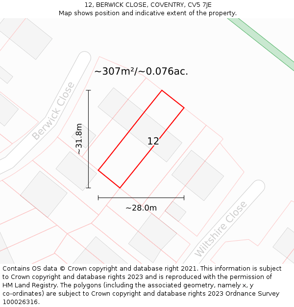 12, BERWICK CLOSE, COVENTRY, CV5 7JE: Plot and title map