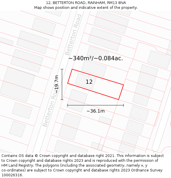 12, BETTERTON ROAD, RAINHAM, RM13 8NA: Plot and title map