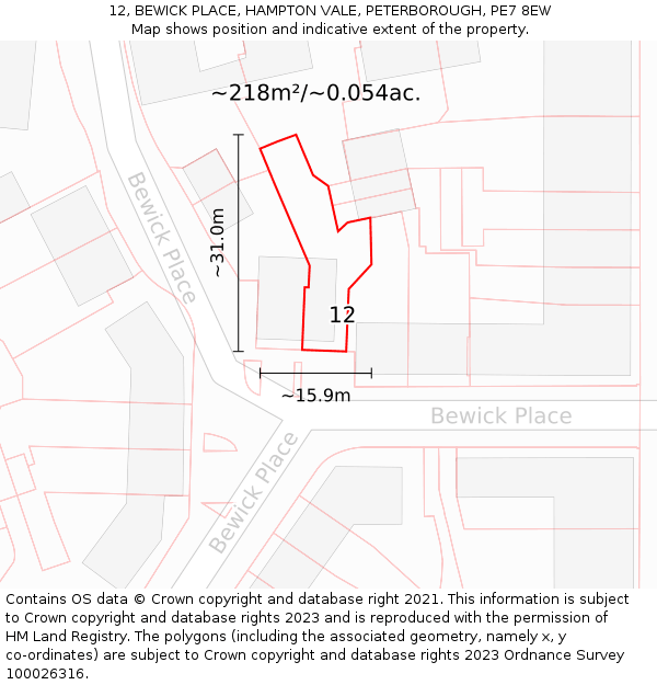 12, BEWICK PLACE, HAMPTON VALE, PETERBOROUGH, PE7 8EW: Plot and title map