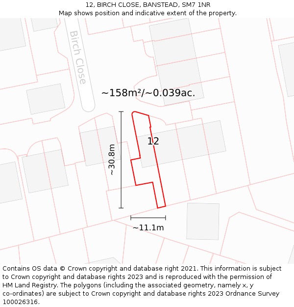 12, BIRCH CLOSE, BANSTEAD, SM7 1NR: Plot and title map