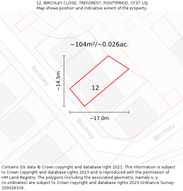 12, BIRCHLEY CLOSE, TREFOREST, PONTYPRIDD, CF37 1SJ: Plot and title map