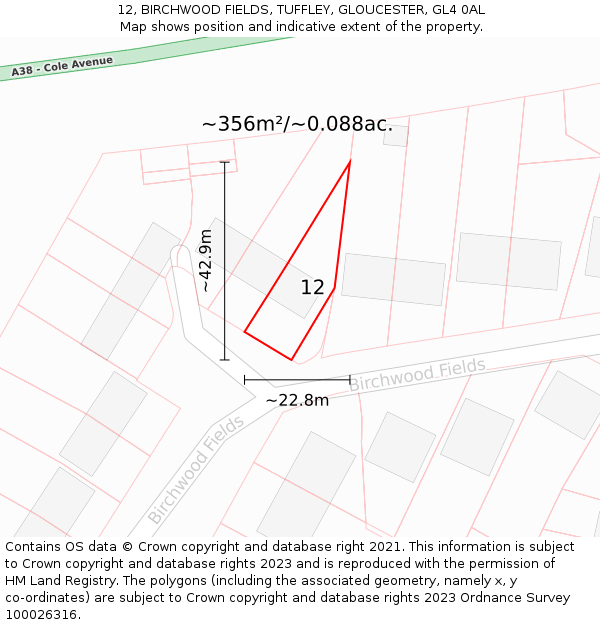 12, BIRCHWOOD FIELDS, TUFFLEY, GLOUCESTER, GL4 0AL: Plot and title map