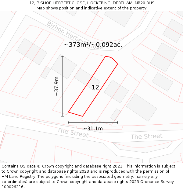 12, BISHOP HERBERT CLOSE, HOCKERING, DEREHAM, NR20 3HS: Plot and title map