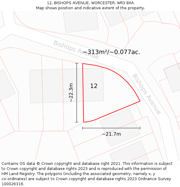 12, BISHOPS AVENUE, WORCESTER, WR3 8XA: Plot and title map