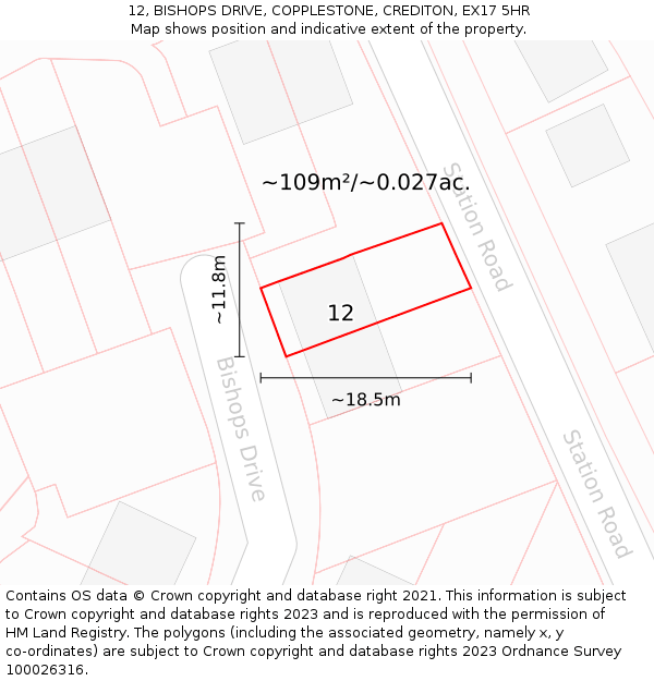 12, BISHOPS DRIVE, COPPLESTONE, CREDITON, EX17 5HR: Plot and title map
