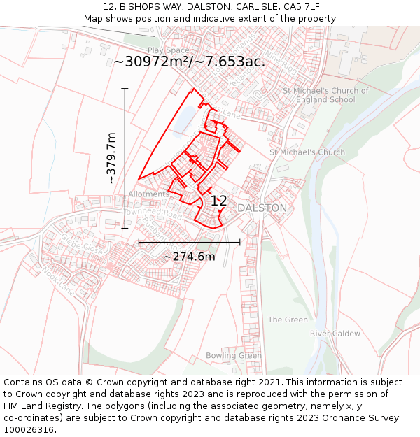 12, BISHOPS WAY, DALSTON, CARLISLE, CA5 7LF: Plot and title map