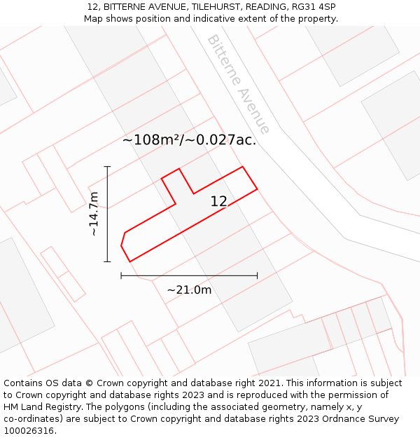 12, BITTERNE AVENUE, TILEHURST, READING, RG31 4SP: Plot and title map
