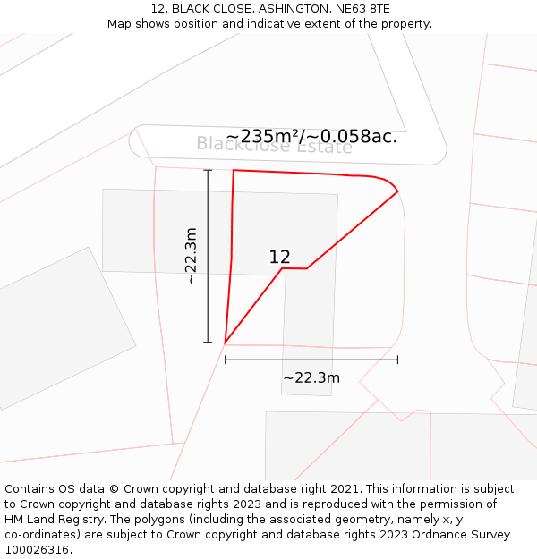 12, BLACK CLOSE, ASHINGTON, NE63 8TE: Plot and title map