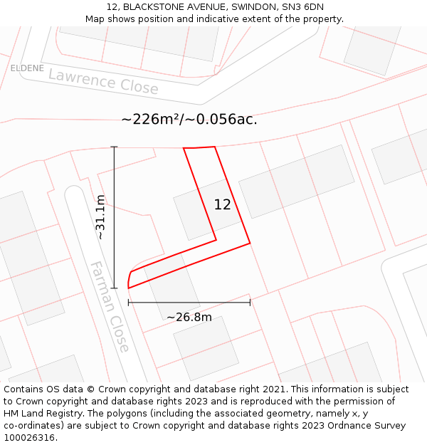 12, BLACKSTONE AVENUE, SWINDON, SN3 6DN: Plot and title map