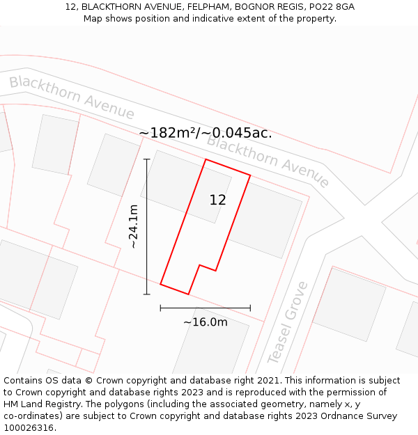 12, BLACKTHORN AVENUE, FELPHAM, BOGNOR REGIS, PO22 8GA: Plot and title map