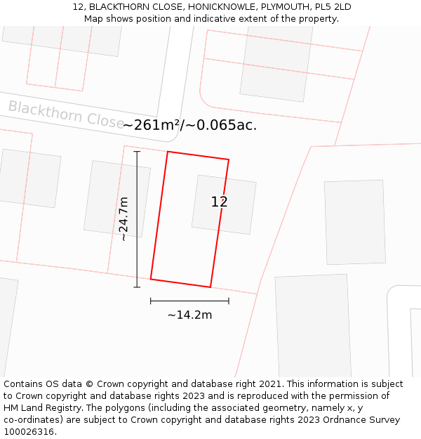 12, BLACKTHORN CLOSE, HONICKNOWLE, PLYMOUTH, PL5 2LD: Plot and title map