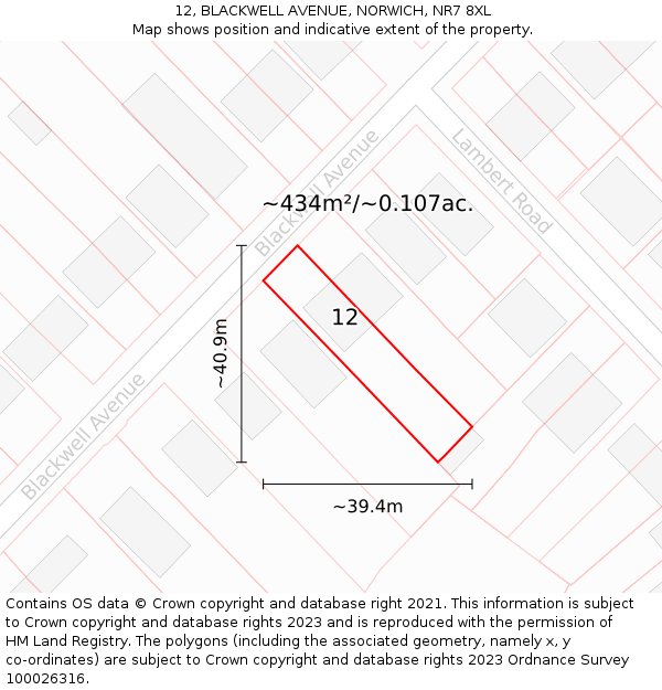 12, BLACKWELL AVENUE, NORWICH, NR7 8XL: Plot and title map