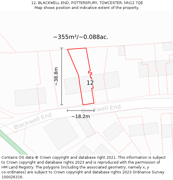 12, BLACKWELL END, POTTERSPURY, TOWCESTER, NN12 7QE: Plot and title map
