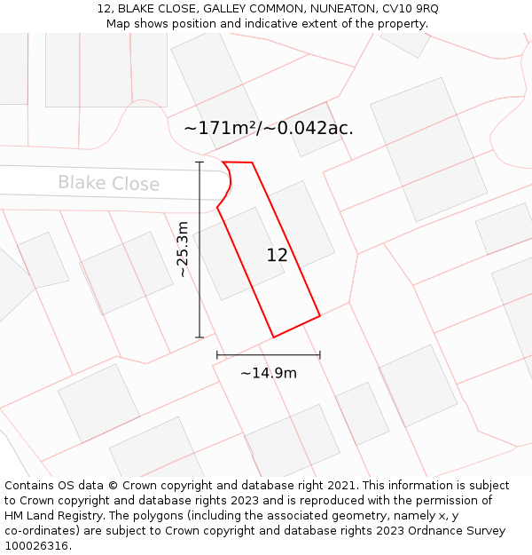 12, BLAKE CLOSE, GALLEY COMMON, NUNEATON, CV10 9RQ: Plot and title map
