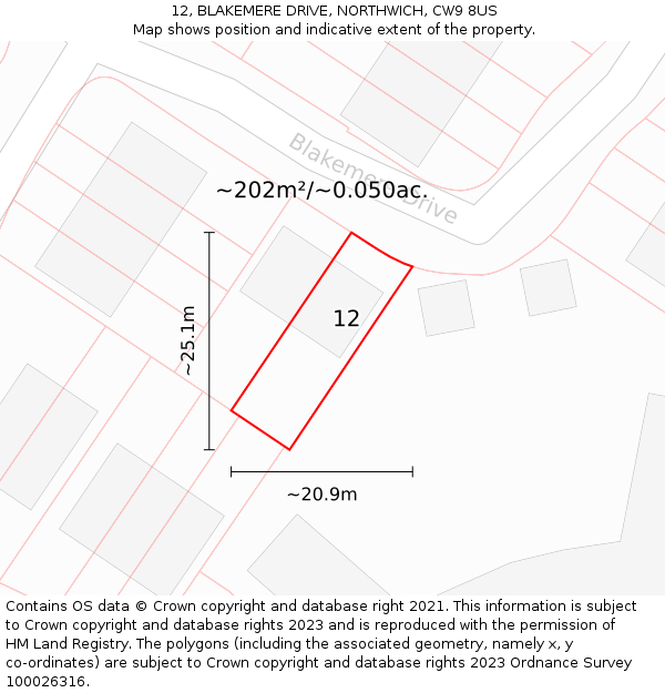 12, BLAKEMERE DRIVE, NORTHWICH, CW9 8US: Plot and title map