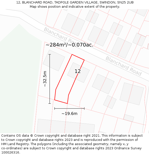 12, BLANCHARD ROAD, TADPOLE GARDEN VILLAGE, SWINDON, SN25 2UB: Plot and title map