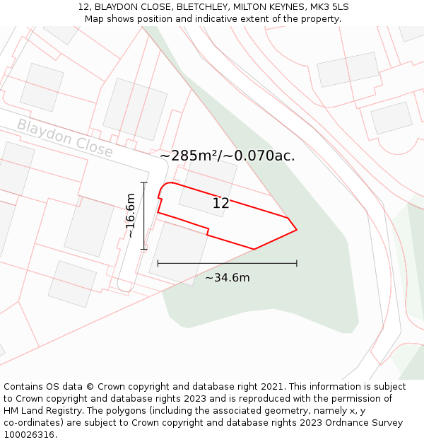 12, BLAYDON CLOSE, BLETCHLEY, MILTON KEYNES, MK3 5LS: Plot and title map