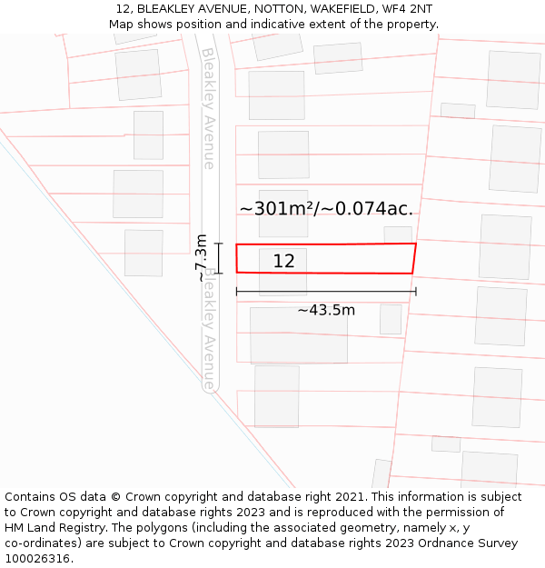 12, BLEAKLEY AVENUE, NOTTON, WAKEFIELD, WF4 2NT: Plot and title map