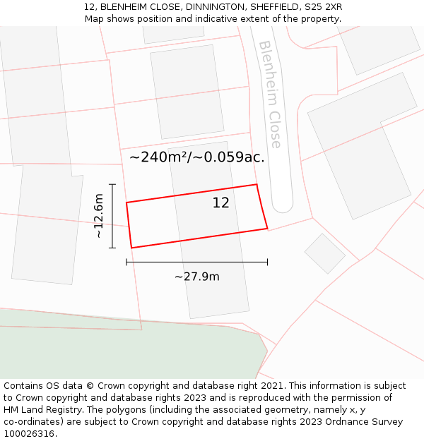 12, BLENHEIM CLOSE, DINNINGTON, SHEFFIELD, S25 2XR: Plot and title map