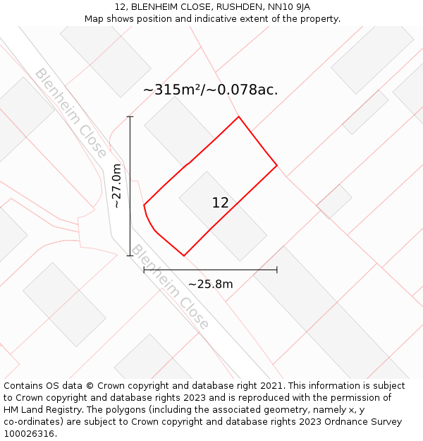 12, BLENHEIM CLOSE, RUSHDEN, NN10 9JA: Plot and title map
