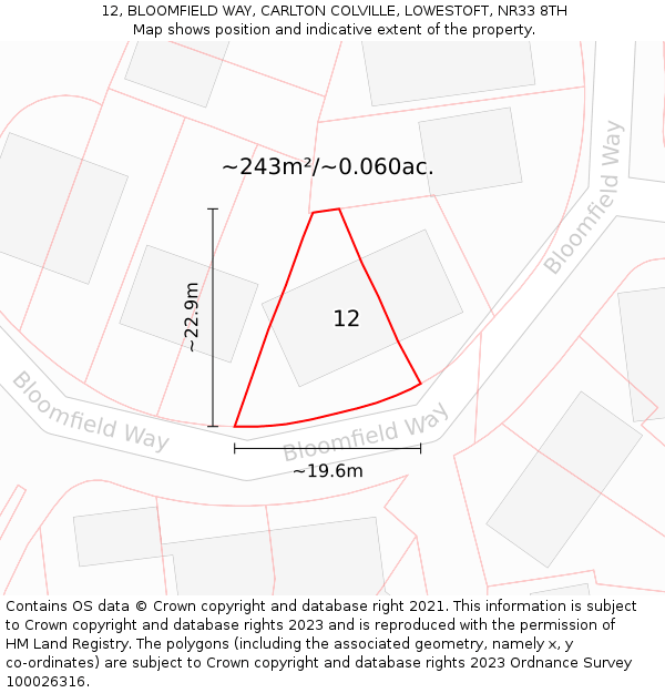 12, BLOOMFIELD WAY, CARLTON COLVILLE, LOWESTOFT, NR33 8TH: Plot and title map
