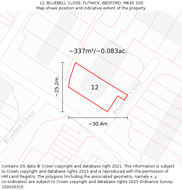 12, BLUEBELL CLOSE, FLITWICK, BEDFORD, MK45 1NS: Plot and title map