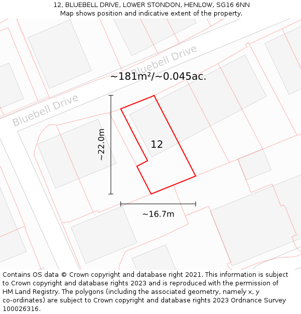 12, BLUEBELL DRIVE, LOWER STONDON, HENLOW, SG16 6NN: Plot and title map