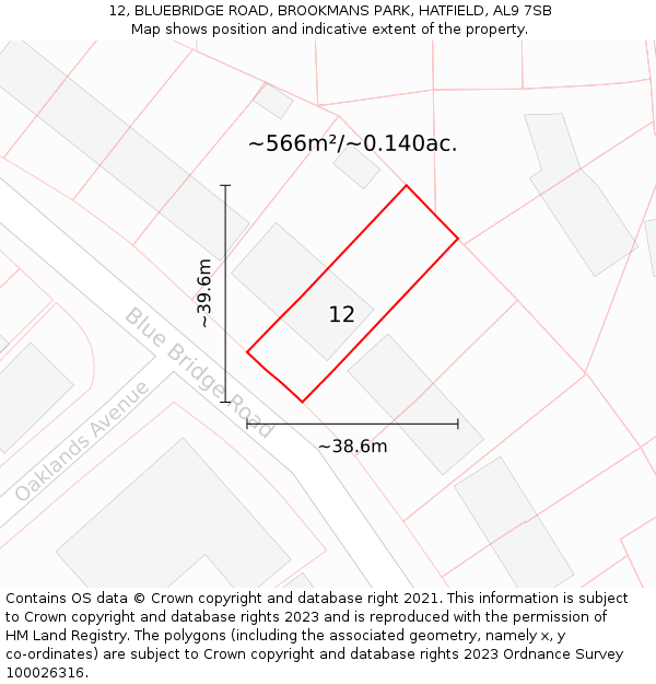 12, BLUEBRIDGE ROAD, BROOKMANS PARK, HATFIELD, AL9 7SB: Plot and title map