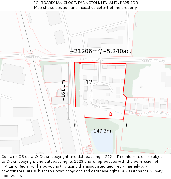 12, BOARDMAN CLOSE, FARINGTON, LEYLAND, PR25 3DB: Plot and title map