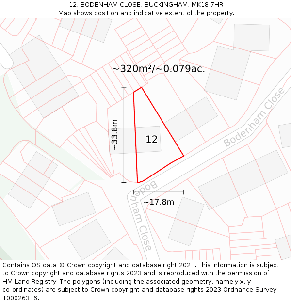 12, BODENHAM CLOSE, BUCKINGHAM, MK18 7HR: Plot and title map