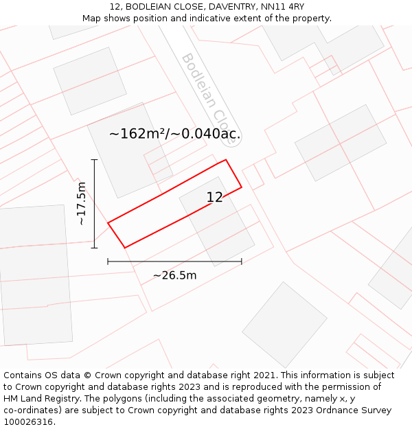 12, BODLEIAN CLOSE, DAVENTRY, NN11 4RY: Plot and title map