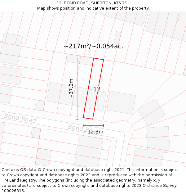 12, BOND ROAD, SURBITON, KT6 7SH: Plot and title map