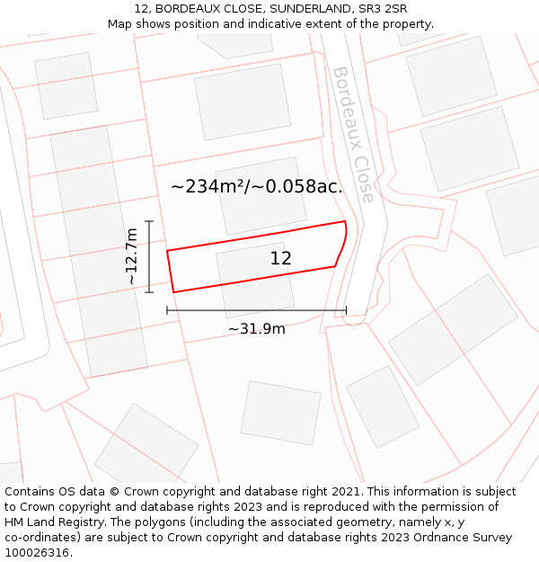 12, BORDEAUX CLOSE, SUNDERLAND, SR3 2SR: Plot and title map