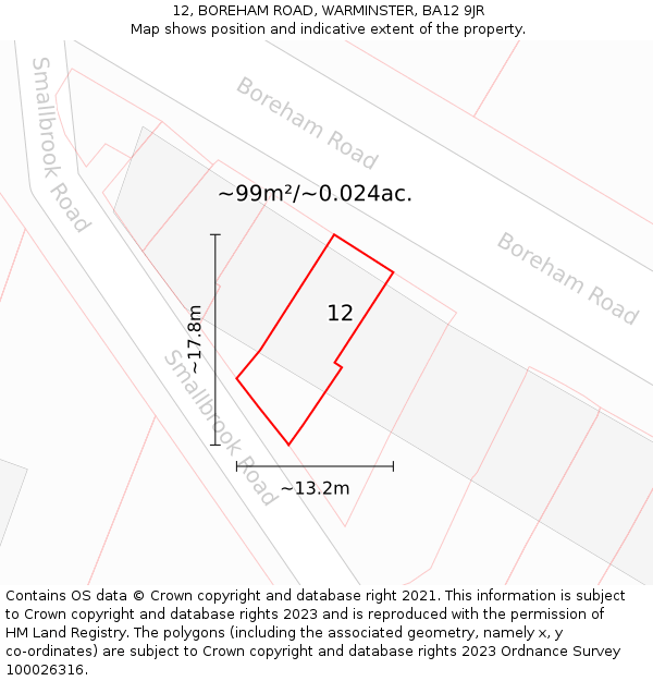 12, BOREHAM ROAD, WARMINSTER, BA12 9JR: Plot and title map