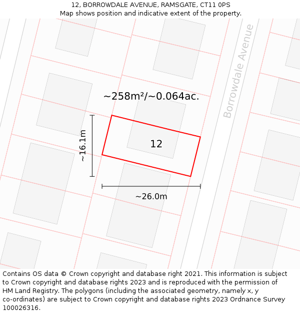 12, BORROWDALE AVENUE, RAMSGATE, CT11 0PS: Plot and title map