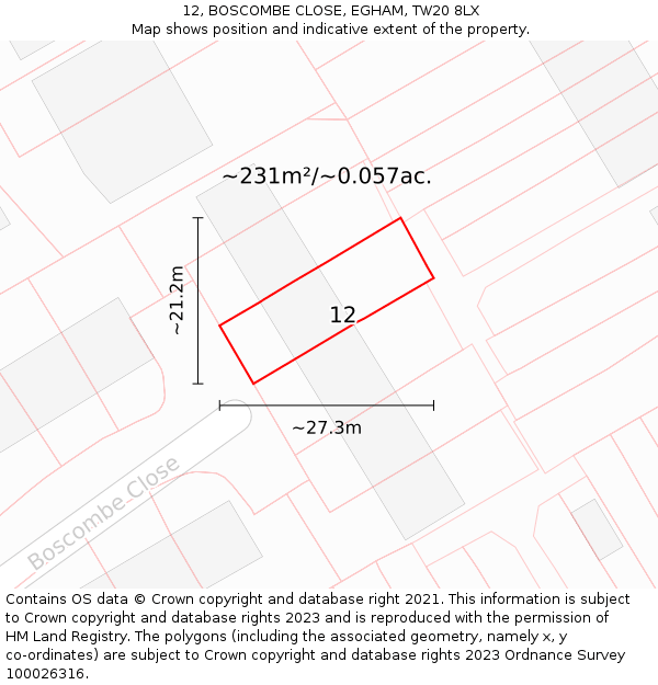 12, BOSCOMBE CLOSE, EGHAM, TW20 8LX: Plot and title map