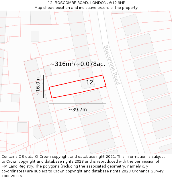 12, BOSCOMBE ROAD, LONDON, W12 9HP: Plot and title map