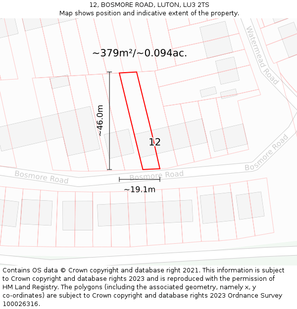 12, BOSMORE ROAD, LUTON, LU3 2TS: Plot and title map