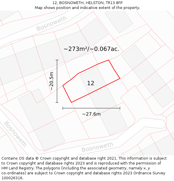 12, BOSNOWETH, HELSTON, TR13 8FP: Plot and title map