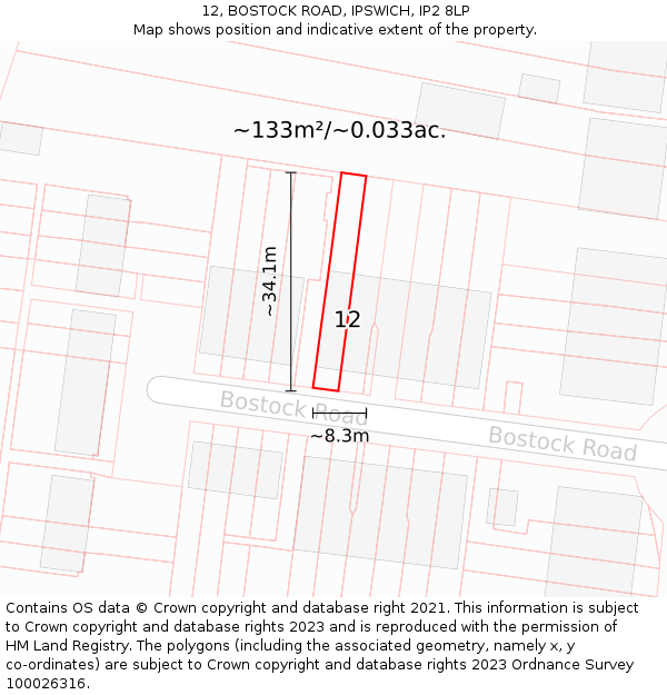 12, BOSTOCK ROAD, IPSWICH, IP2 8LP: Plot and title map