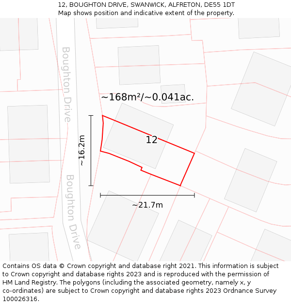 12, BOUGHTON DRIVE, SWANWICK, ALFRETON, DE55 1DT: Plot and title map