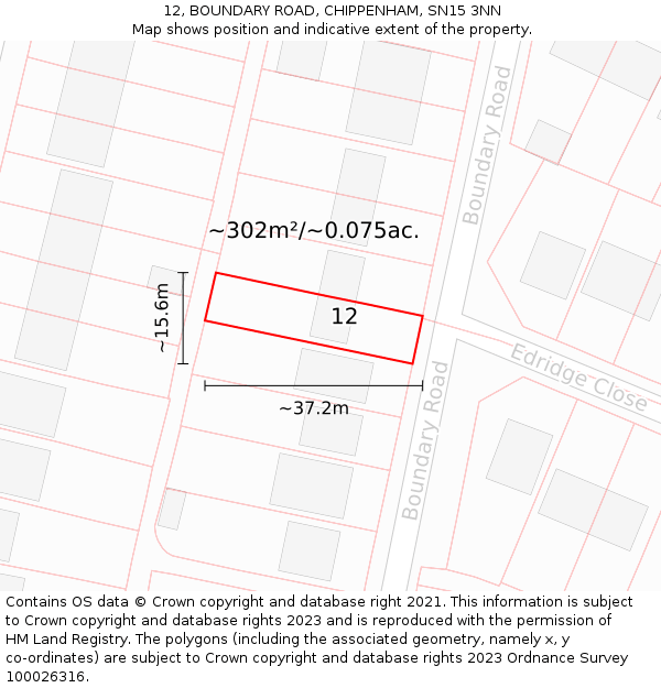 12, BOUNDARY ROAD, CHIPPENHAM, SN15 3NN: Plot and title map