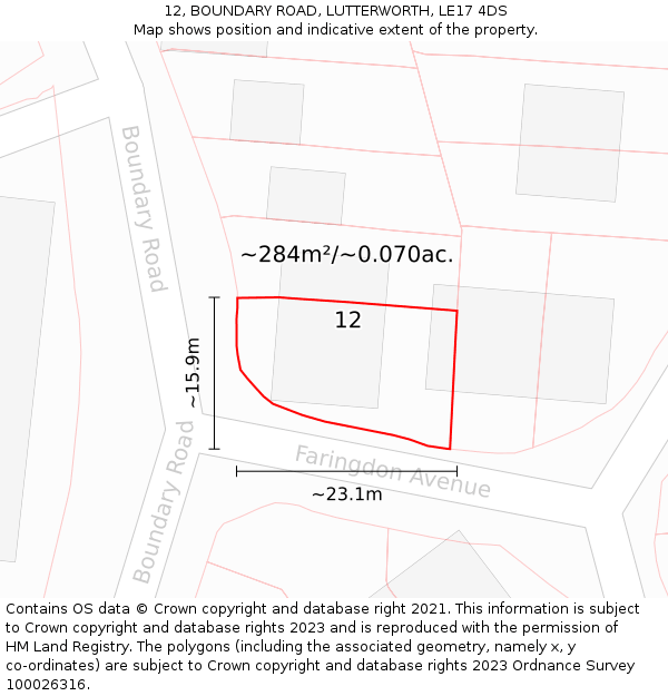 12, BOUNDARY ROAD, LUTTERWORTH, LE17 4DS: Plot and title map