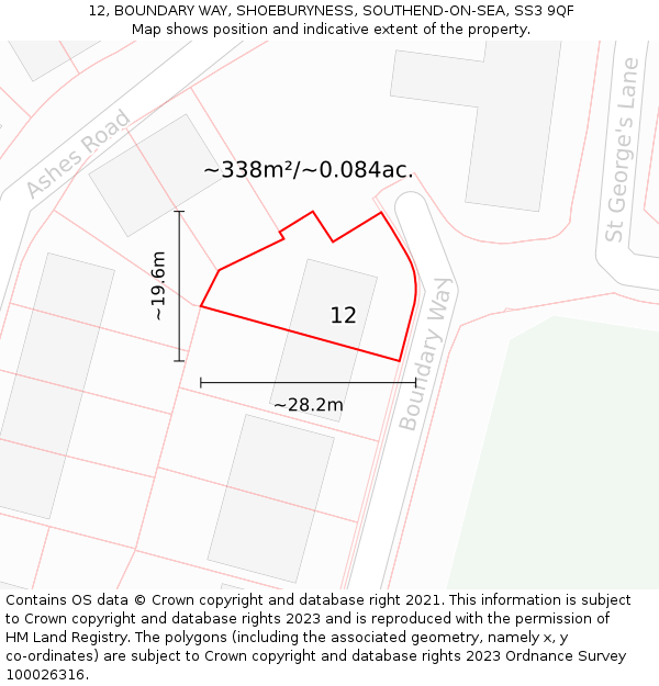 12, BOUNDARY WAY, SHOEBURYNESS, SOUTHEND-ON-SEA, SS3 9QF: Plot and title map