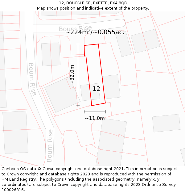 12, BOURN RISE, EXETER, EX4 8QD: Plot and title map