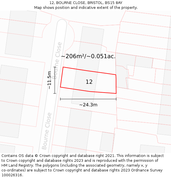 12, BOURNE CLOSE, BRISTOL, BS15 8AY: Plot and title map
