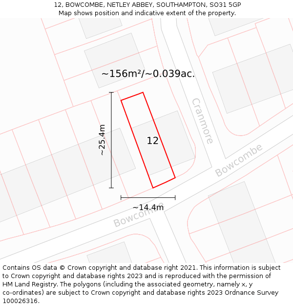 12, BOWCOMBE, NETLEY ABBEY, SOUTHAMPTON, SO31 5GP: Plot and title map