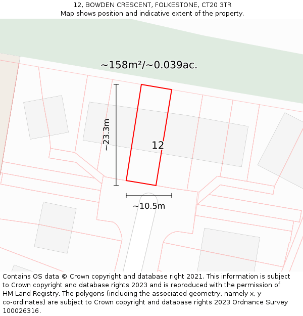 12, BOWDEN CRESCENT, FOLKESTONE, CT20 3TR: Plot and title map